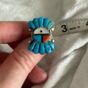 Native Turquoise Inlay Sunface Ring - Turquoise, White, Orange